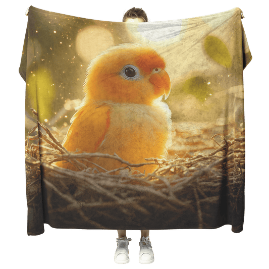 Baby Parrot Sitting in Glowing Nest Surrounded by Mist and Shimmering Golden Light Fleece Sherpa Blanket - Awakening Righteousness