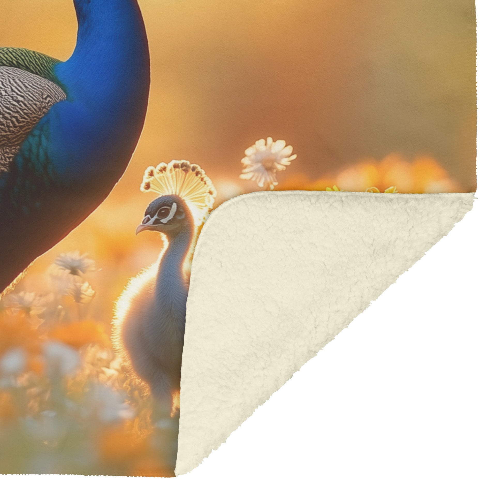 Baby Peacock with Mother in Vibrant Wildflower Meadow Under Golden Sunrise Fleece Sherpa Blanket - Awakening Righteousness