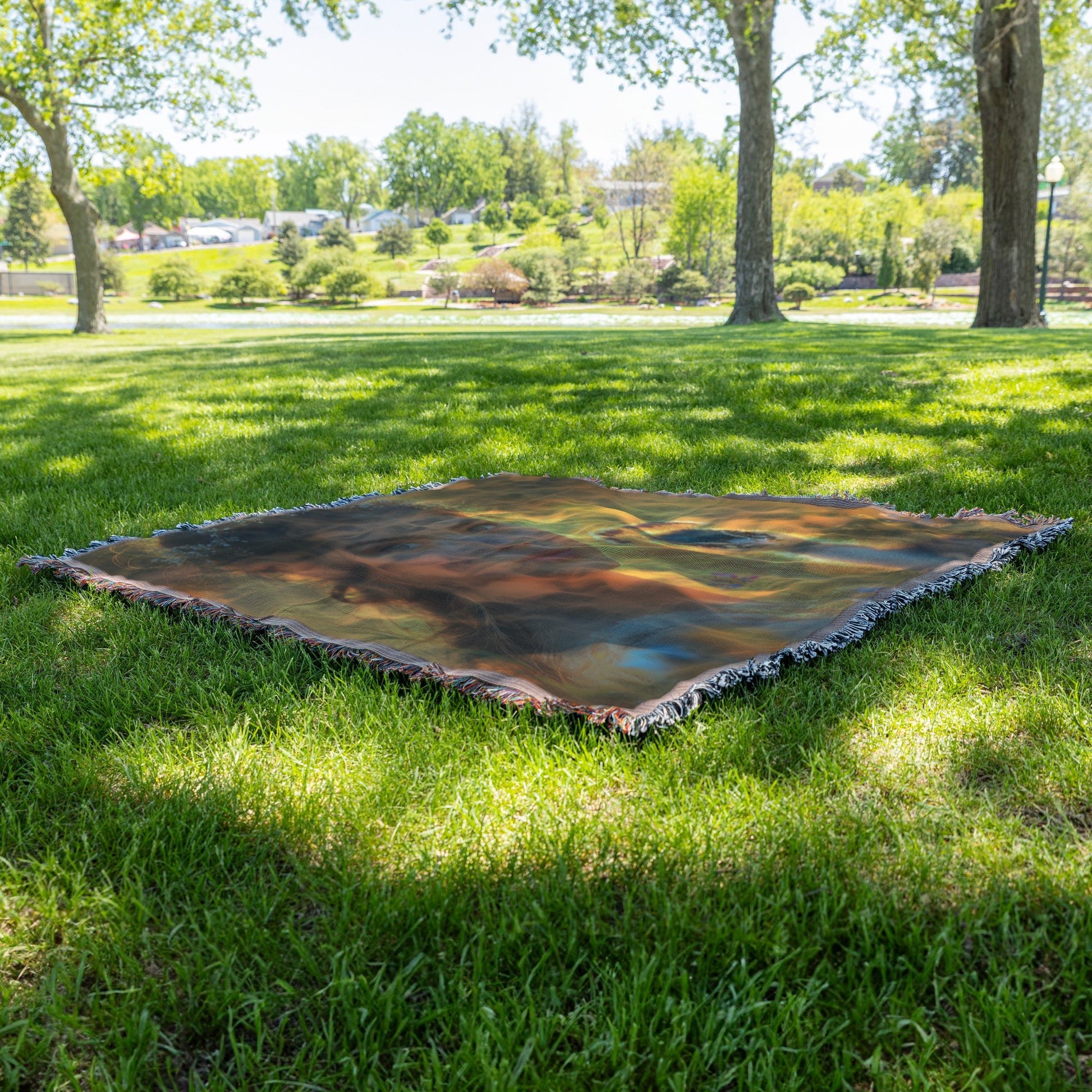 Baby Peacock with Young Girl in Wildflower Meadow Under Golden Sunrise Peaceful and Serene Woven Throw Blanket - Awakening Righteousness