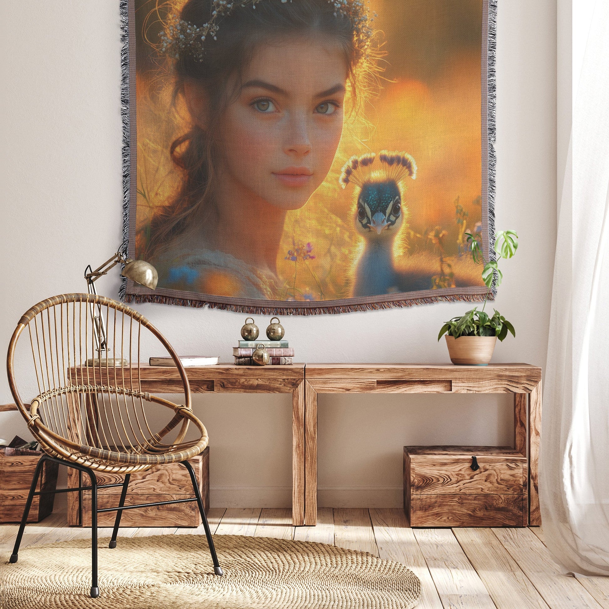 Baby Peacock with Young Girl in Wildflower Meadow Under Golden Sunrise Peaceful and Serene Woven Throw Blanket - Awakening Righteousness