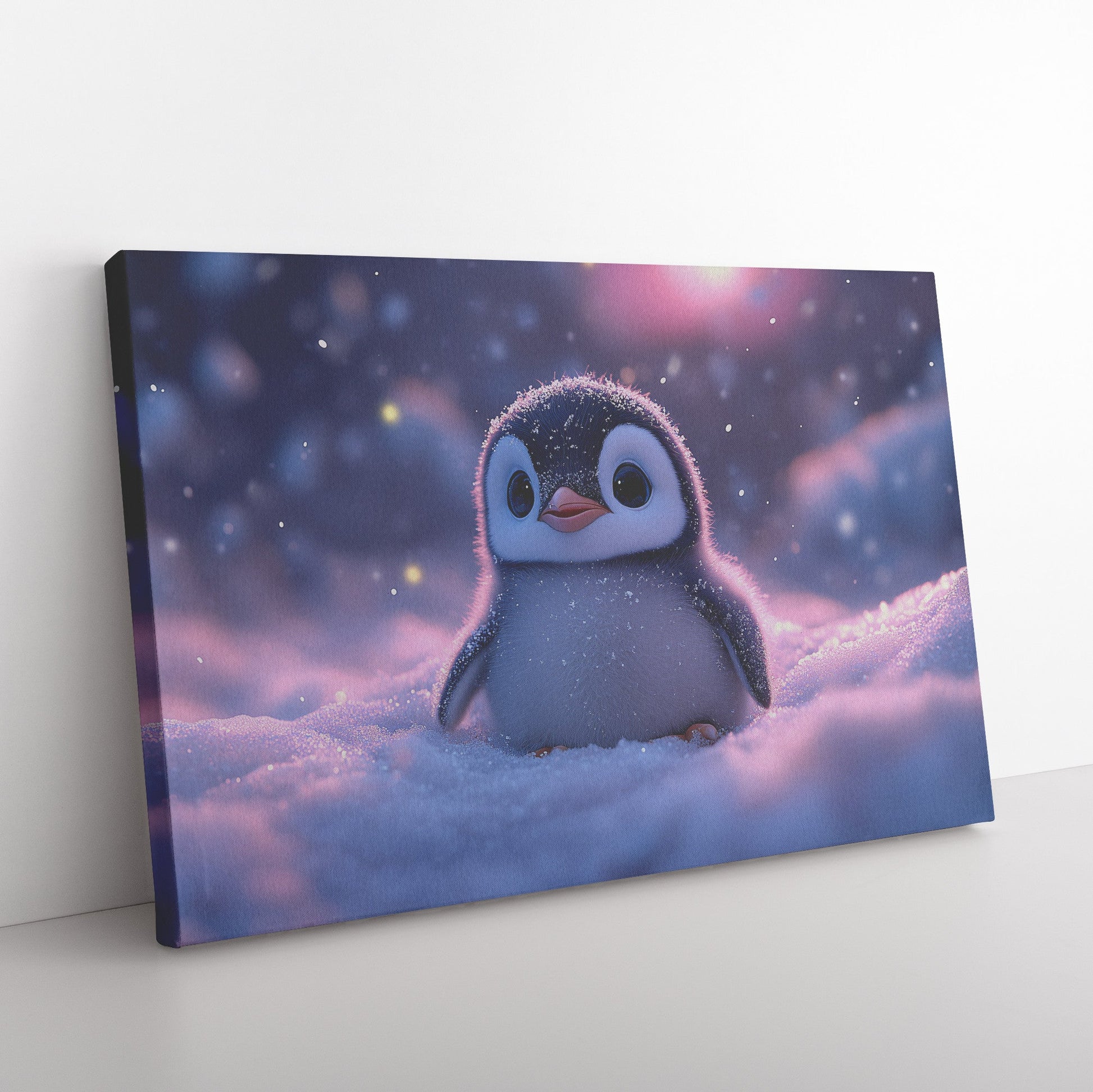 Baby Penguin in Snow Under Glowing Aurora Borealis Sky Magical Atmosphere Canvas Wall Art Decor - Awakening Righteousness