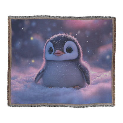 Baby Penguin Nestled in Snow Under Glowing Aurora Borealis Sky with Intricate Feather Details Woven Throw Blanket - Awakening Righteousness