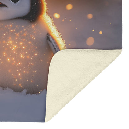 Baby Penguin with Glowing Feathers Standing in Golden Sunlight on Snow Filled Landscape Fleece Sherpa Blanket Cozy - Awakening Righteousness