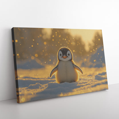 Baby Penguin with Glowing Feathers Under Golden Sunlight Peaceful Snowy Environment Canvas Wall Art Decor - Awakening Righteousness