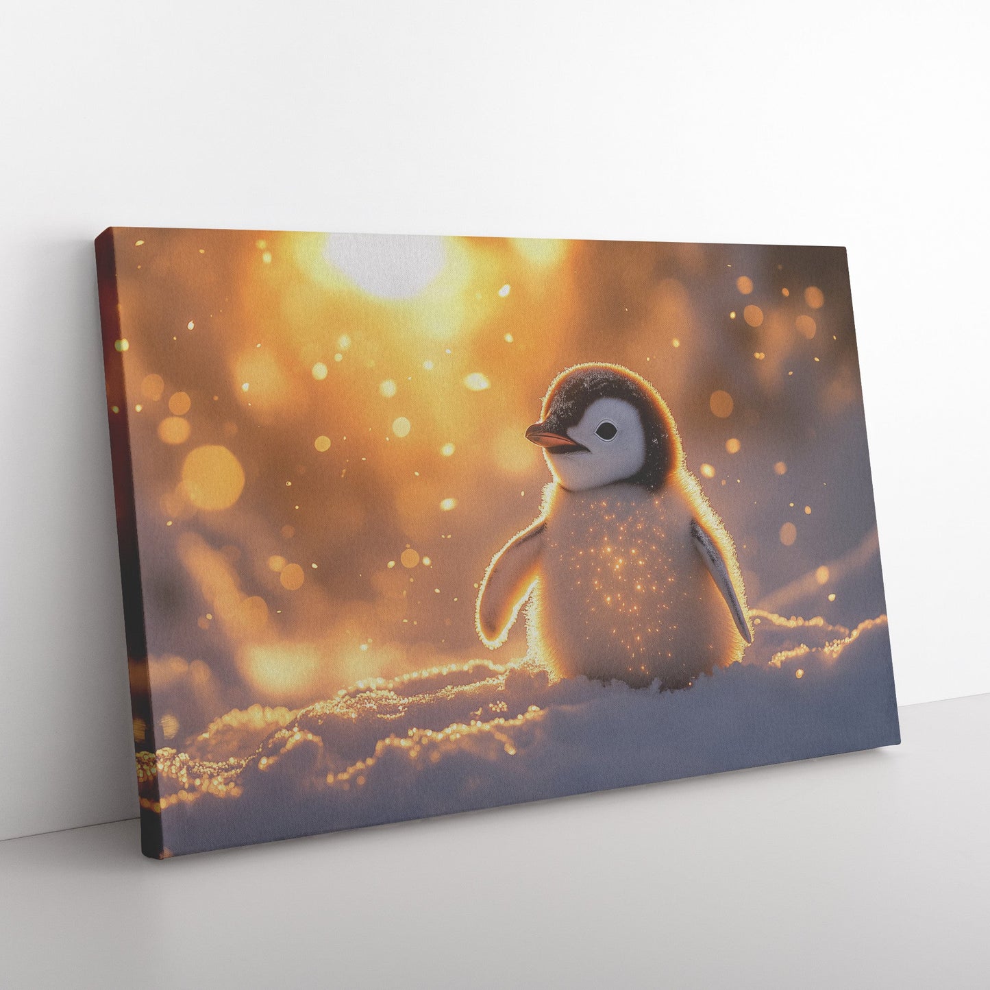 Baby Penguin with Glowing Feathers Under Golden Sunlight Peaceful Snowy Environment Canvas Wall Art Decor - Awakening Righteousness