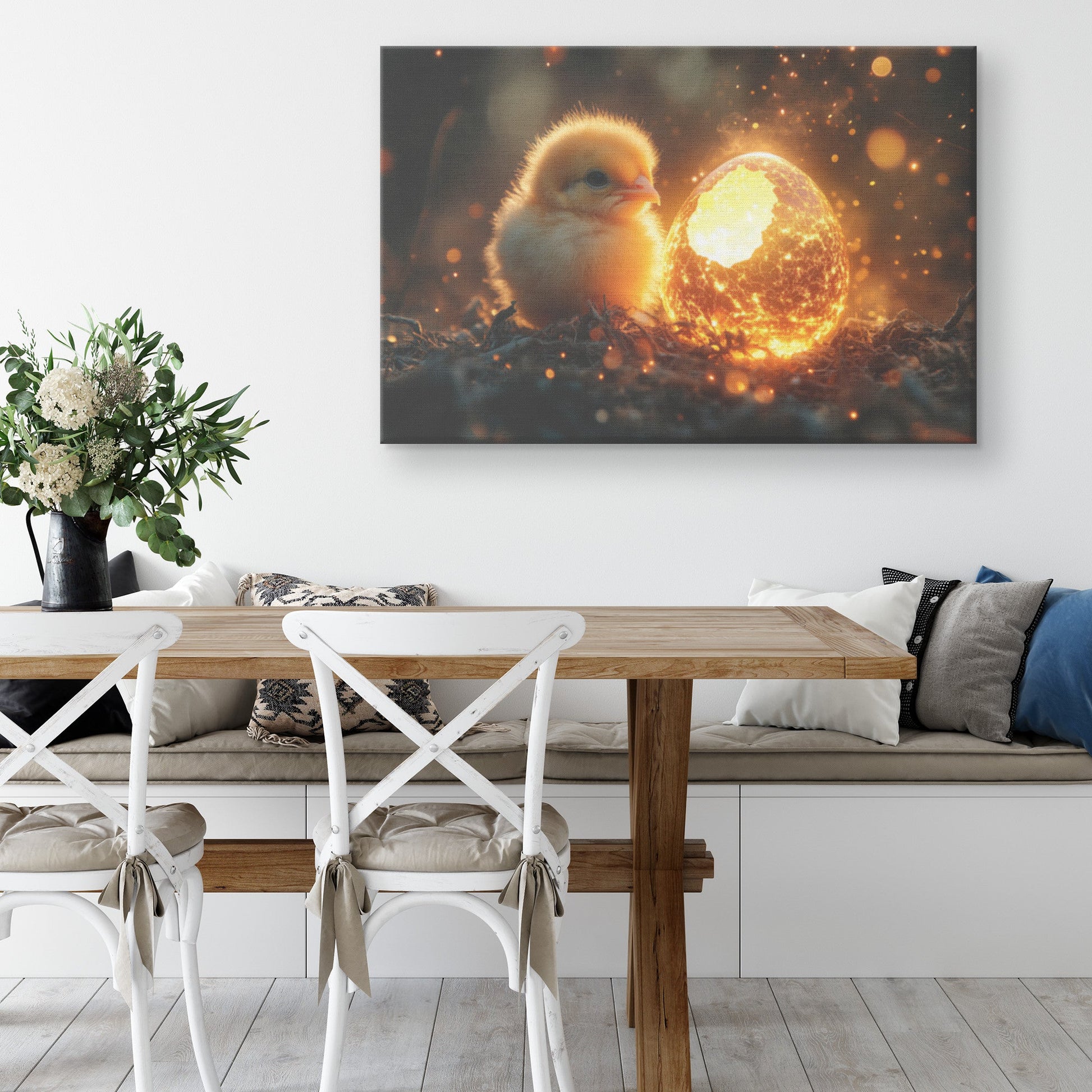 Baby Phoenix Hatching from Glowing Golden Egg Surrounded by Soft Light and Mystical Embers Canvas Wall Art - Awakening Righteousness