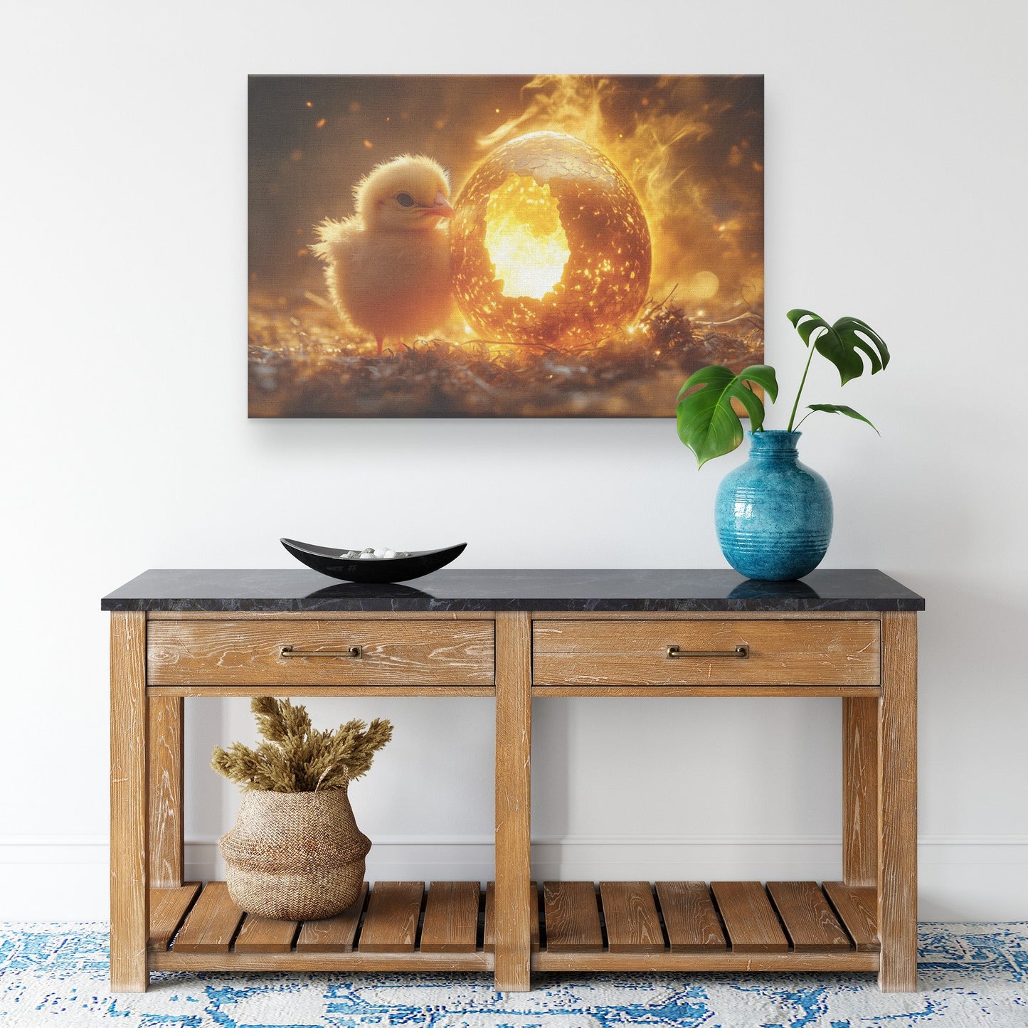 Baby Phoenix Hatching from Glowing Golden Egg Surrounded by Soft Light and Mystical Embers Canvas Wall Art - Awakening Righteousness
