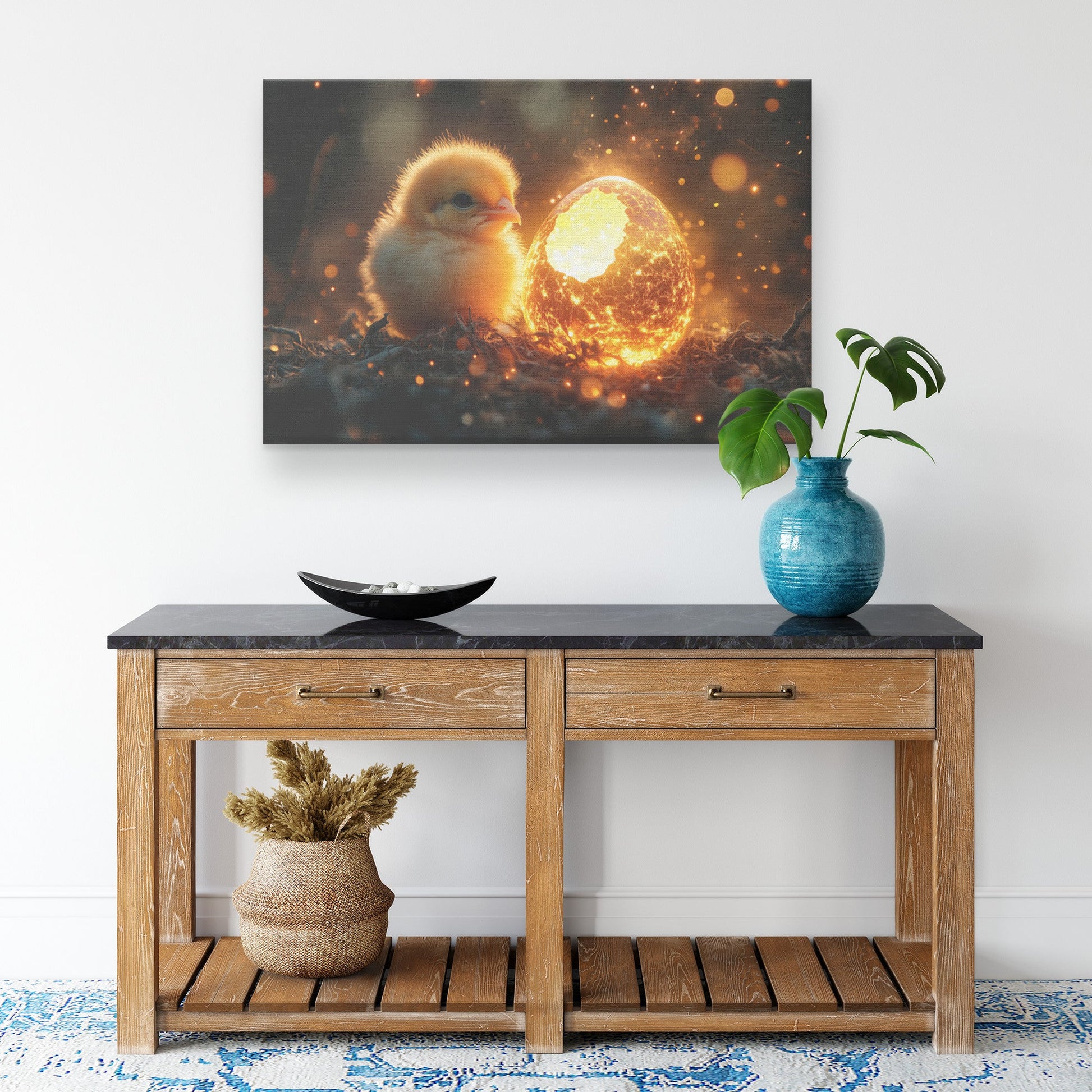 Baby Phoenix Hatching from Glowing Golden Egg Surrounded by Soft Light and Mystical Embers Canvas Wall Art - Awakening Righteousness