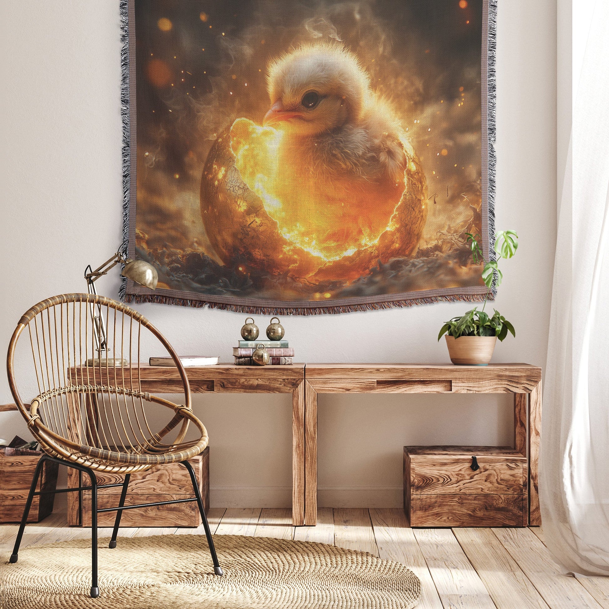 Baby Phoenix Hatching from Glowing Golden Egg with Mystical Embers and Soft Light Woven Throw Blanket - Awakening Righteousness