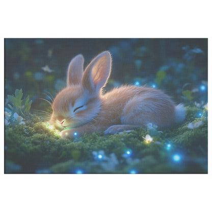 Baby Rabbit Curled in Bed of Glowing Green Moss with Bioluminescent Plants and Blue Light Canvas Wall Art - Awakening Righteousness