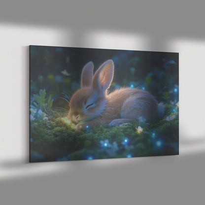 Baby Rabbit Curled in Bed of Glowing Green Moss with Bioluminescent Plants and Blue Light Canvas Wall Art - Awakening Righteousness