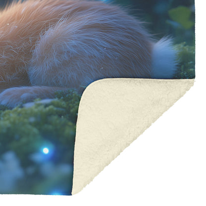 Baby Rabbit Curled in Glowing Green Moss with Bioluminescent Plants and Blue Light in Twilight Forest Fleece Sherpa Blanket - Awakening Righteousness