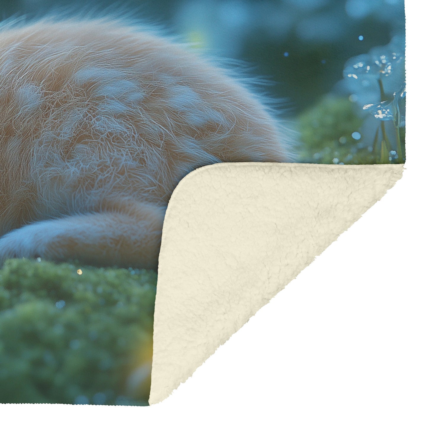 Baby Rabbit Curled in Glowing Green Moss with Bioluminescent Plants and Blue Light in Twilight Forest Fleece Sherpa Blanket - Awakening Righteousness