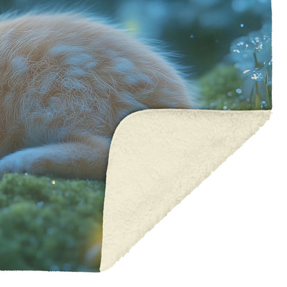 Baby Rabbit Curled in Glowing Green Moss with Bioluminescent Plants and Blue Light in Twilight Forest Fleece Sherpa Blanket - Awakening Righteousness