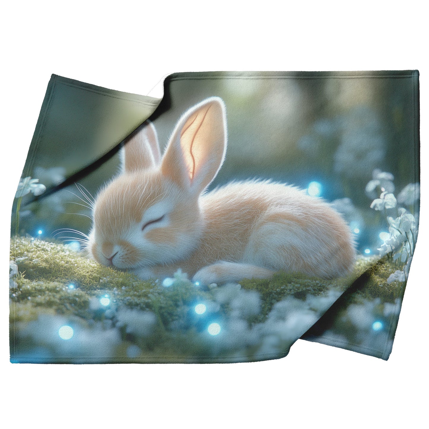Baby Rabbit Curled in Glowing Green Moss with Bioluminescent Plants and Blue Light in Twilight Forest Fleece Sherpa Blanket - Awakening Righteousness