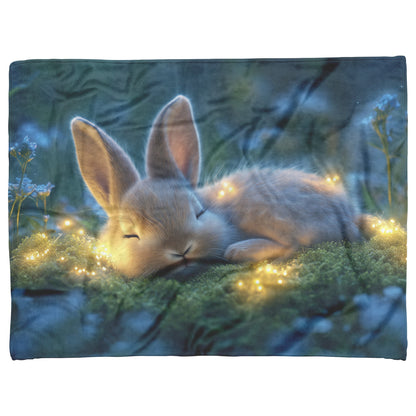 Baby Rabbit Curled in Glowing Green Moss with Bioluminescent Plants and Blue Light in Twilight Forest Fleece Sherpa Blanket - Awakening Righteousness