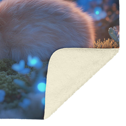 Baby Rabbit Curled in Glowing Green Moss with Bioluminescent Plants and Blue Light in Twilight Forest Fleece Sherpa Blanket - Awakening Righteousness