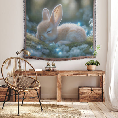 Baby Rabbit in Glowing Moss Woven Throw Blanket with Bioluminescent Plants and Ethereal Blue Light in Twilight Forest - Awakening Righteousness