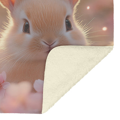 Baby Rabbits Playing Under Glowing Cherry Blossom Tree with Pink Petals in Golden Light Fleece Sherpa Blanket - Awakening Righteousness