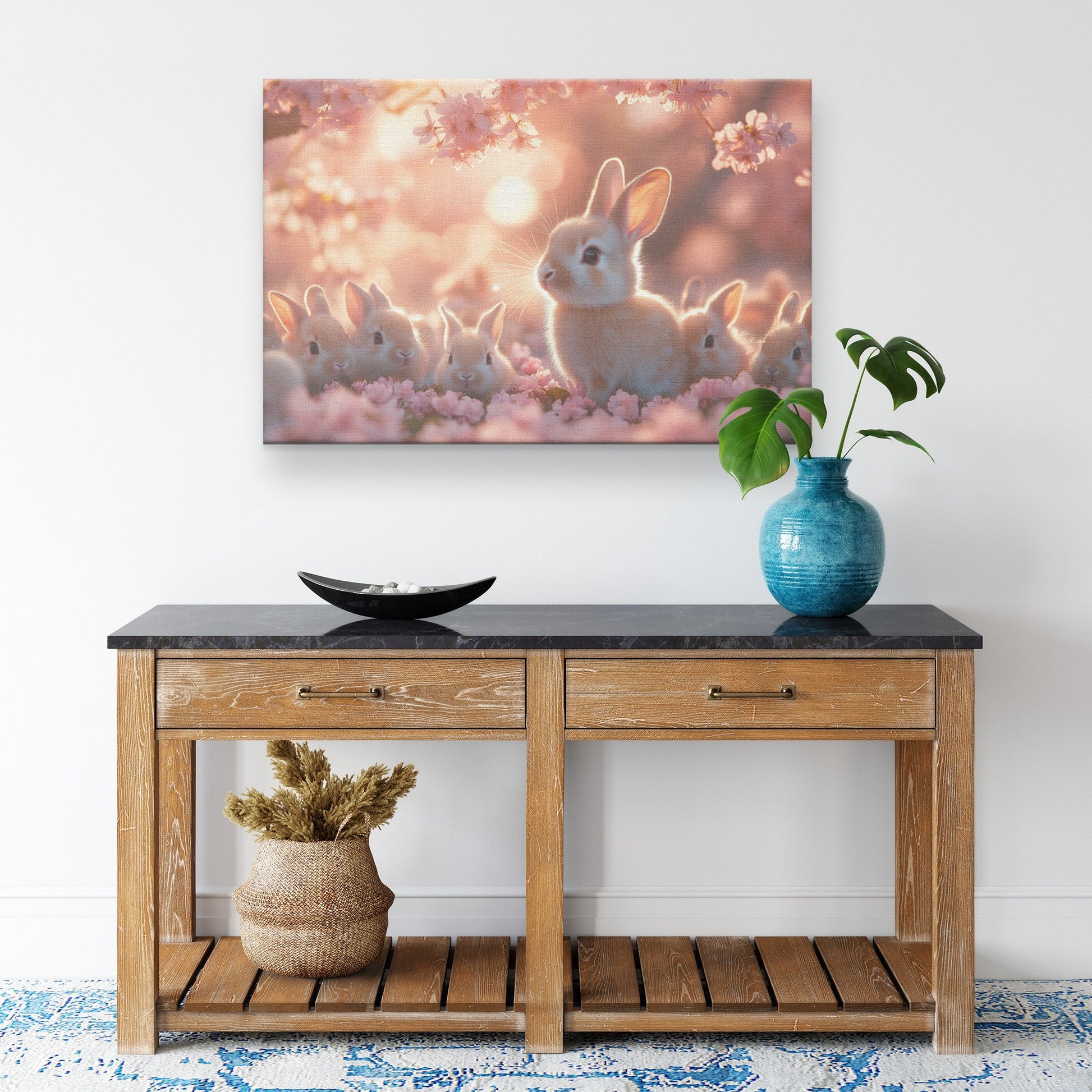 Baby Rabbits Playing Under Glowing Cherry Blossom Tree with Pink Petals in Soft Golden Light Canvas Wall Art - Awakening Righteousness