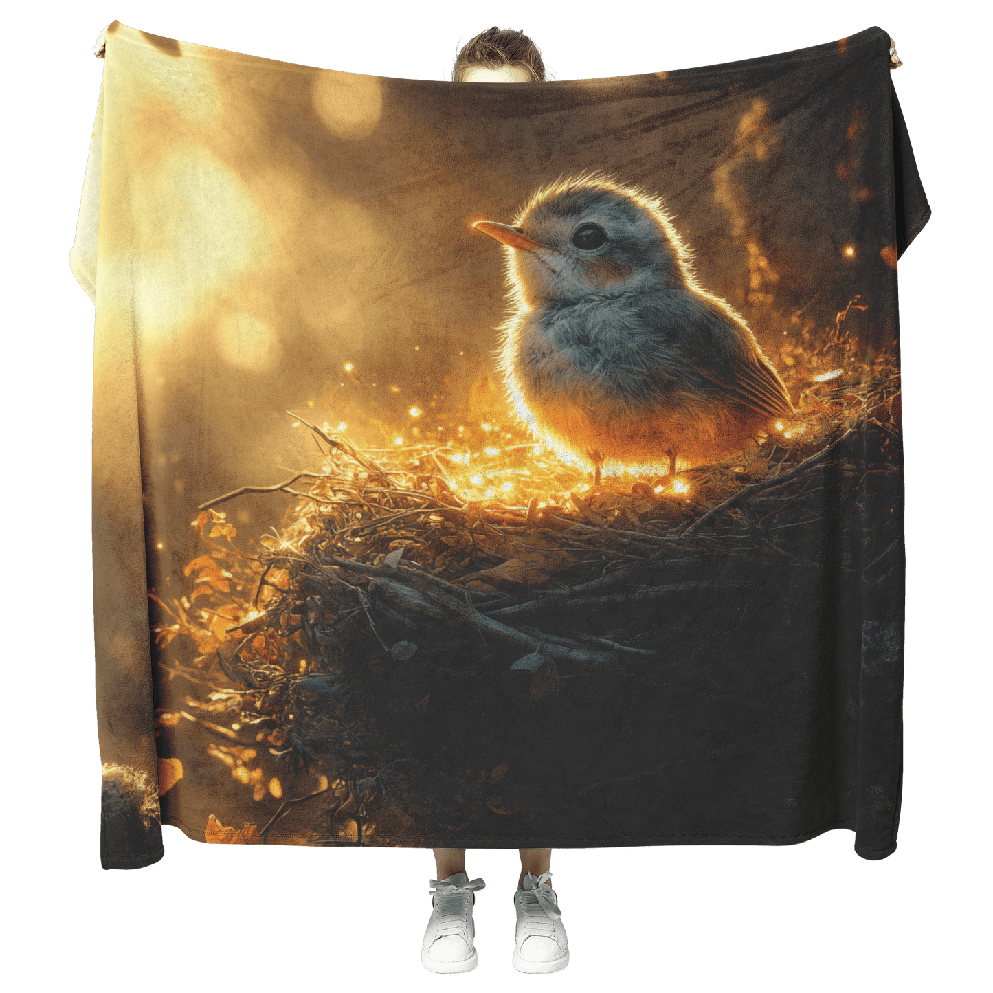 Baby Robin Sitting in Glowing Nest Surrounded by Soft Mist and Golden Morning Light Filtering Through Trees Fleece Sherpa Blanket - Awakening Righteousness