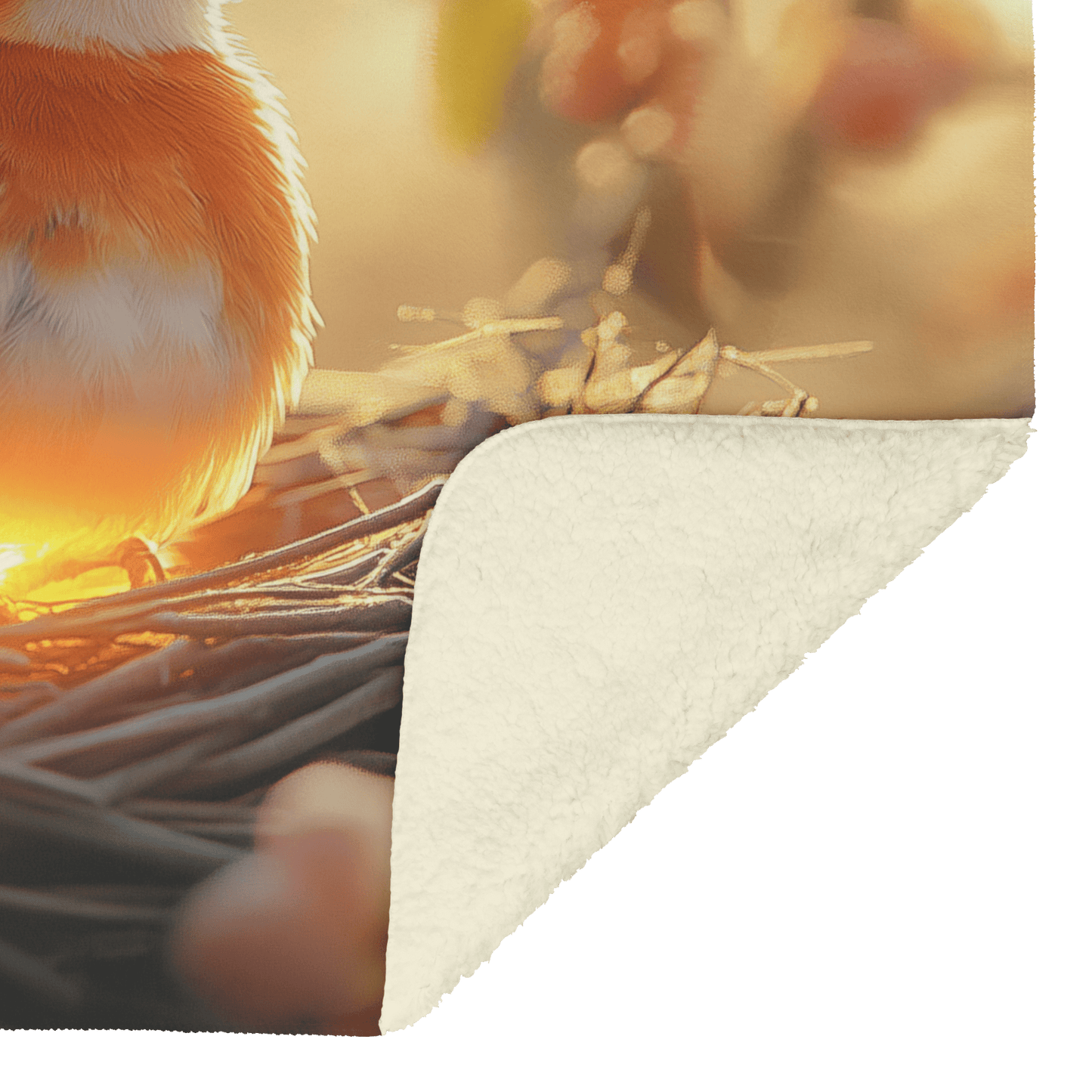 Baby Robin Sitting in Glowing Nest Surrounded by Soft Mist and Golden Morning Light Filtering Through Trees Fleece Sherpa Blanket - Awakening Righteousness