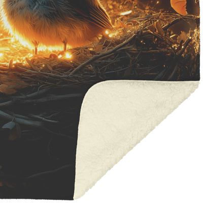Baby Robin Sitting in Glowing Nest Surrounded by Soft Mist and Golden Morning Light Filtering Through Trees Fleece Sherpa Blanket - Awakening Righteousness