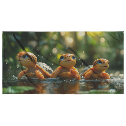 Baby Sea Turtles Swimming in a Sunlit Pond Vibrant Nature Design Soft Lightweight Absorbent Beach Towel - Awakening Righteousness