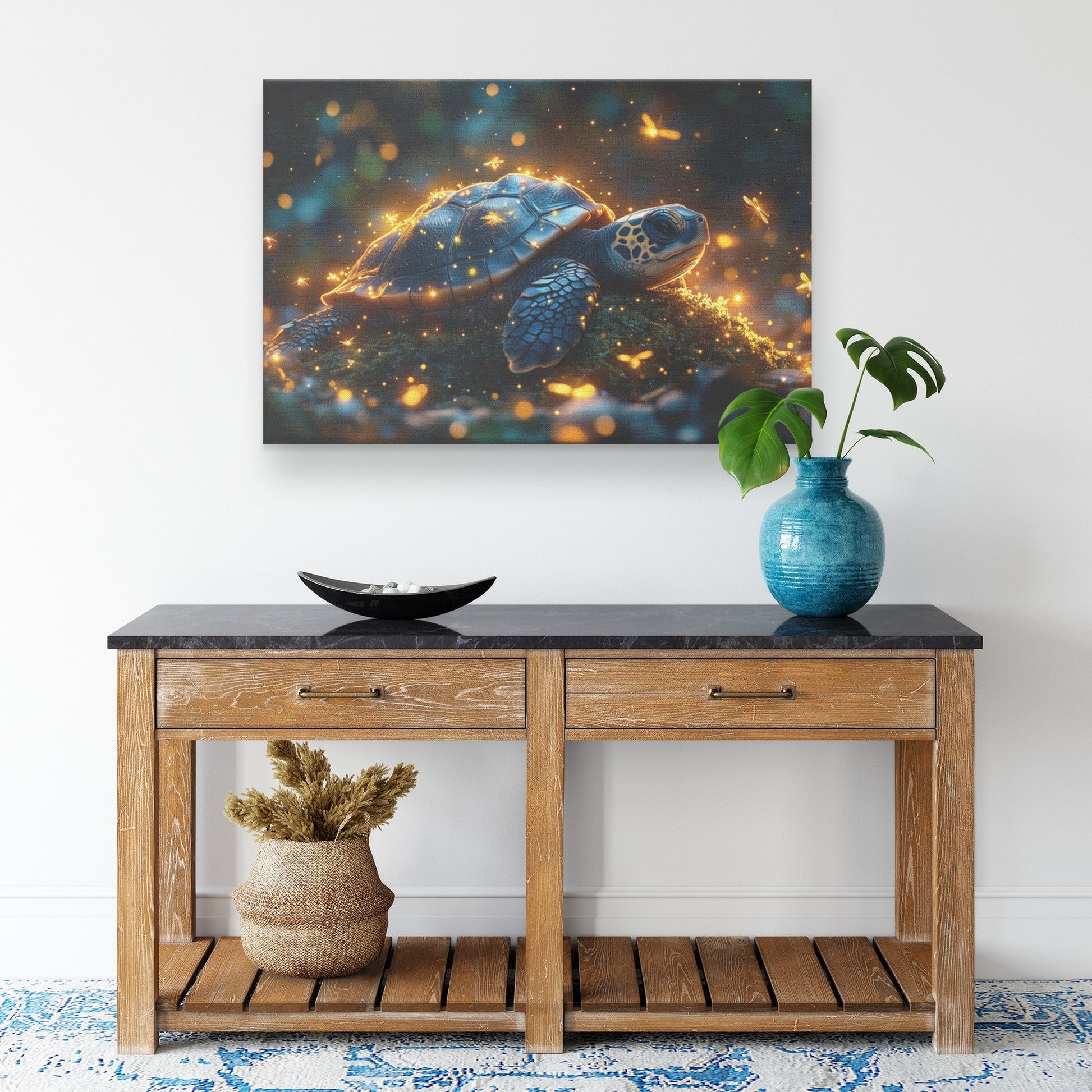 Baby Turtle Resting on Glowing Mossy Stone Surrounded by Fireflies and Golden Forest Light Canvas Wall Art Decor - Awakening Righteousness