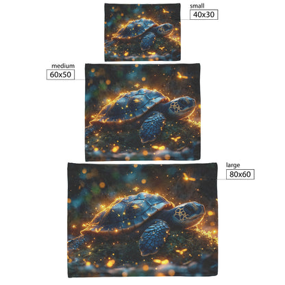 Baby Turtle Resting on Glowing Mossy Stone with Fireflies and Golden Forest Light Fleece Sherpa Blanket - Awakening Righteousness