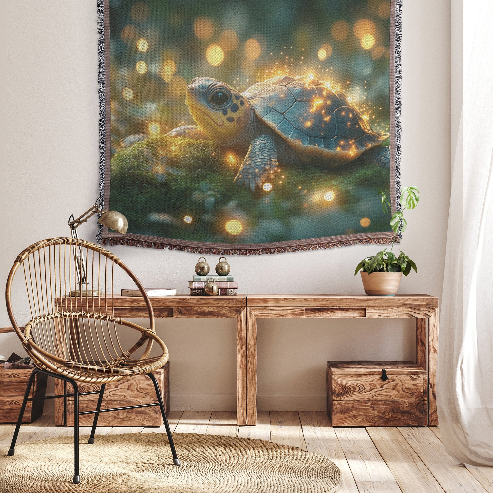 Baby Turtle Resting on Glowing Mossy Stone Woven Throw Blanket with Shimmering Fireflies and Golden Forest Light - Awakening Righteousness