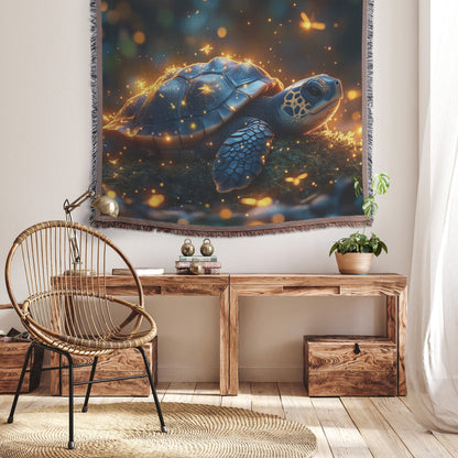 Baby Turtle Resting on Glowing Mossy Stone Woven Throw Blanket with Shimmering Fireflies and Golden Forest Light - Awakening Righteousness