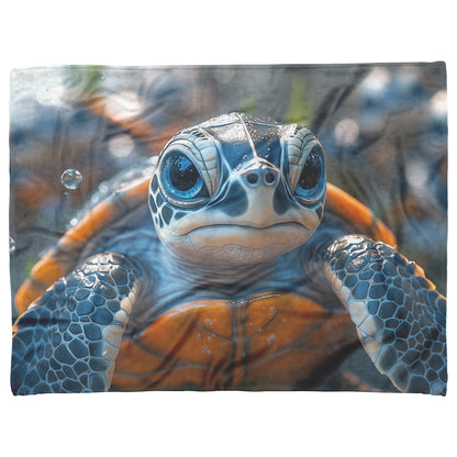 Baby Turtle with Expressive Eyes and Vibrant Colors Floating Serene Cozy Fleece Sherpa Blanket - Awakening Righteousness