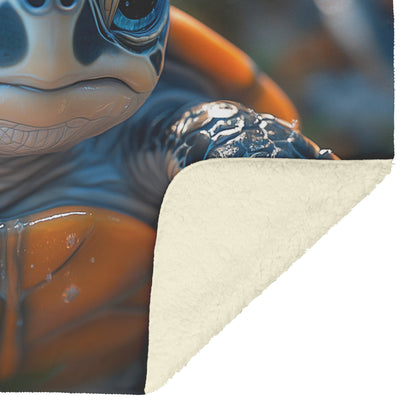Baby Turtle with Expressive Eyes and Vibrant Colors Floating Serene Cozy Fleece Sherpa Blanket - Awakening Righteousness