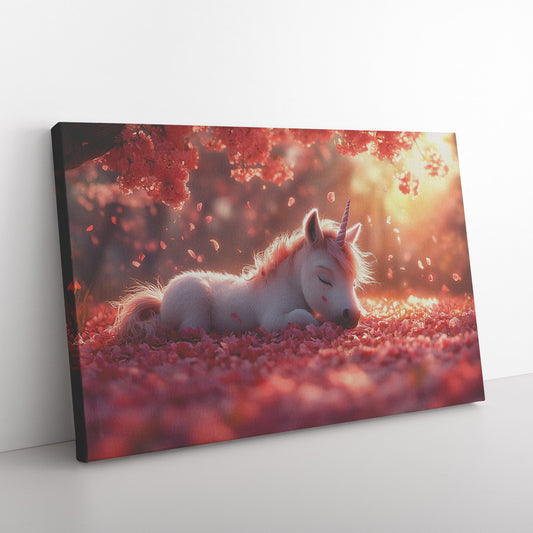 Baby Unicorn Resting Under Glowing Cherry Blossom Tree Surrounded by Pink Petals and Golden Sunlight Canvas Wall Art - Awakening Righteousness