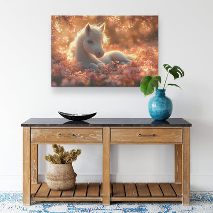 Baby Unicorn Resting Under Glowing Cherry Blossom Tree Surrounded by Pink Petals and Golden Sunlight Canvas Wall Art - Awakening Righteousness