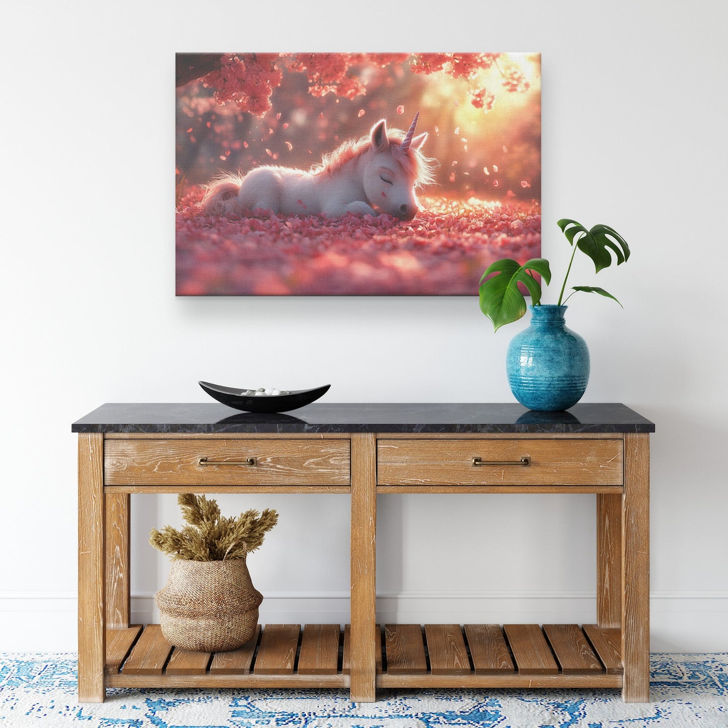 Baby Unicorn Resting Under Glowing Cherry Blossom Tree Surrounded by Pink Petals and Golden Sunlight Canvas Wall Art - Awakening Righteousness
