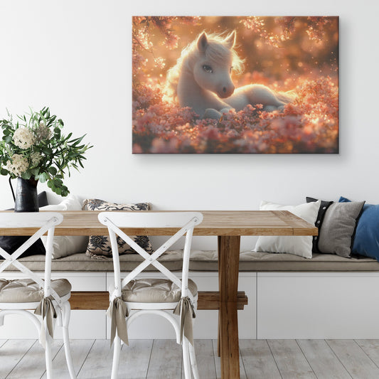 Baby Unicorn Resting Under Glowing Cherry Blossom Tree Surrounded by Pink Petals and Golden Sunlight Canvas Wall Art - Awakening Righteousness