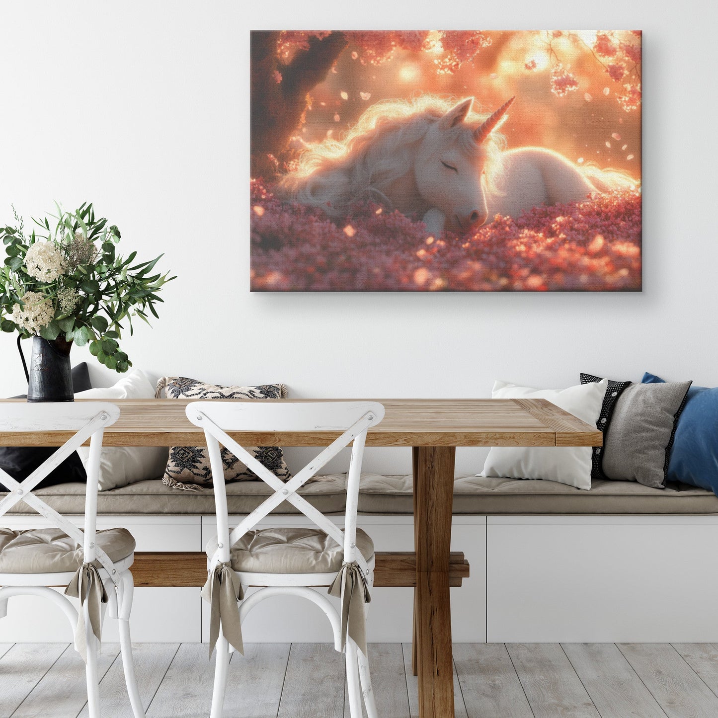 Baby Unicorn Resting Under Glowing Cherry Blossom Tree Surrounded by Pink Petals and Golden Sunlight Canvas Wall Art - Awakening Righteousness