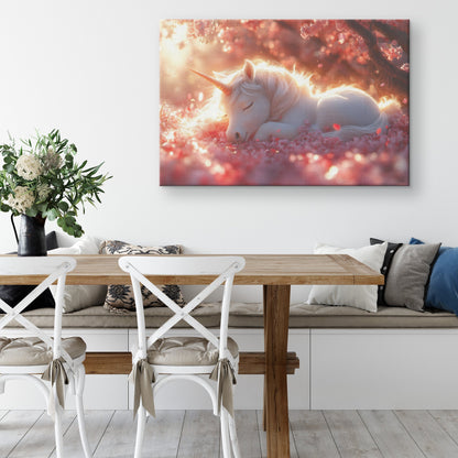 Baby Unicorn Resting Under Glowing Cherry Blossom Tree Surrounded by Pink Petals and Golden Sunlight Canvas Wall Art - Awakening Righteousness