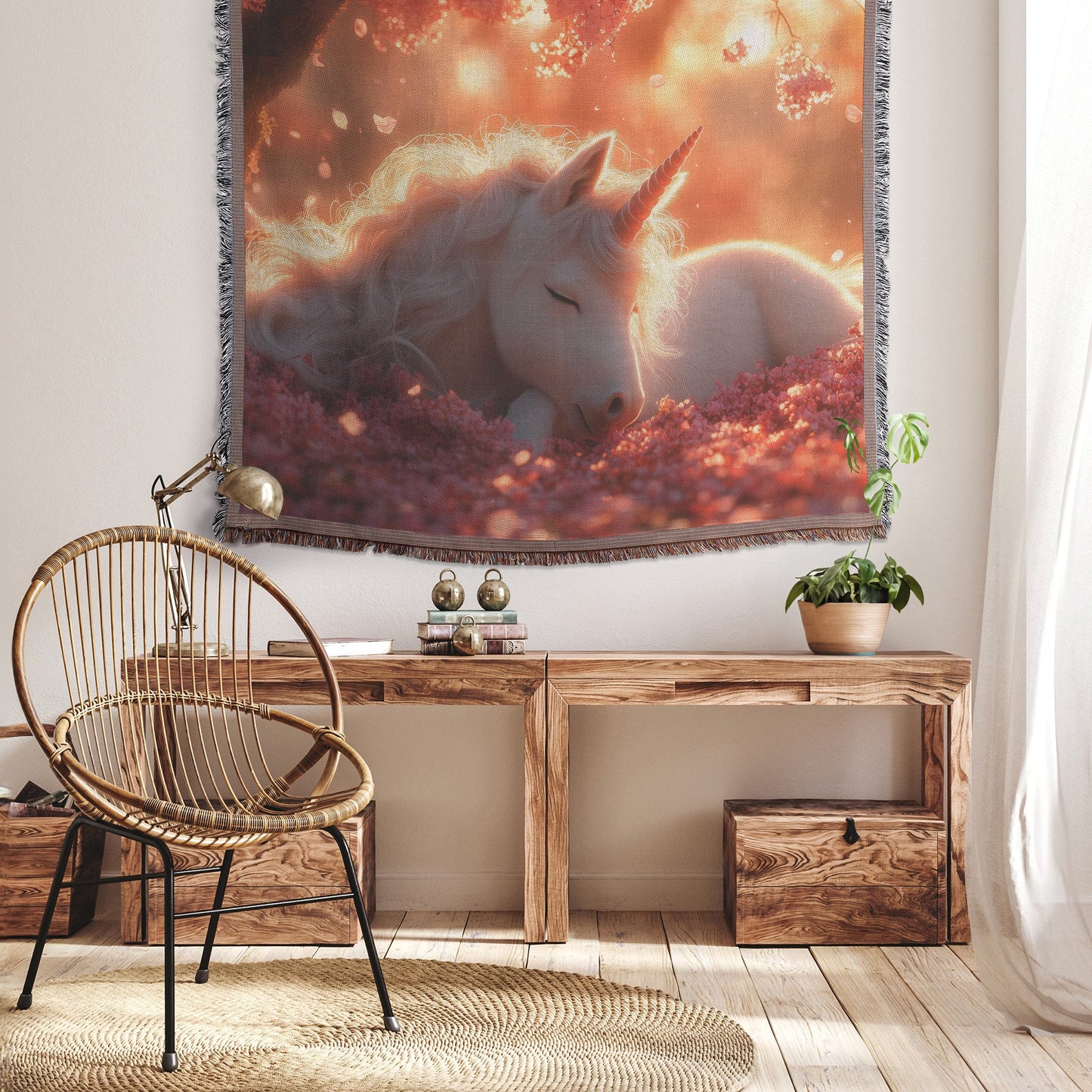 Baby Unicorn Resting Under Glowing Cherry Blossom Tree with Soft Pink Petals and Golden Sunlight Woven Throw Blanket - Awakening Righteousness