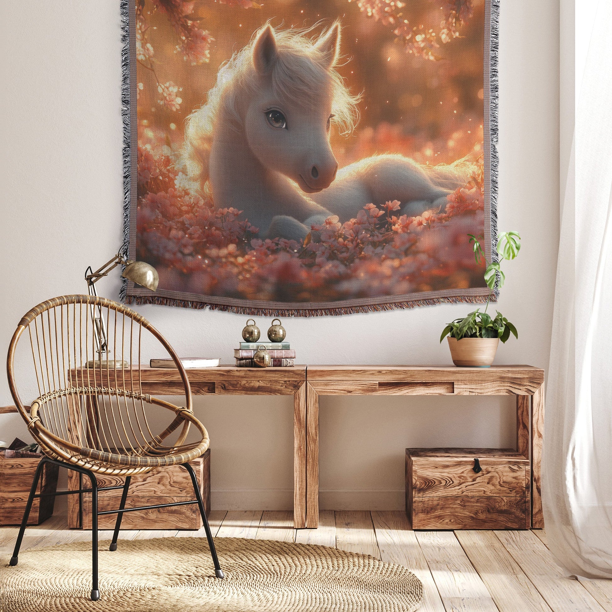 Baby Unicorn Resting Under Glowing Cherry Blossom Tree with Soft Pink Petals and Golden Sunlight Woven Throw Blanket - Awakening Righteousness