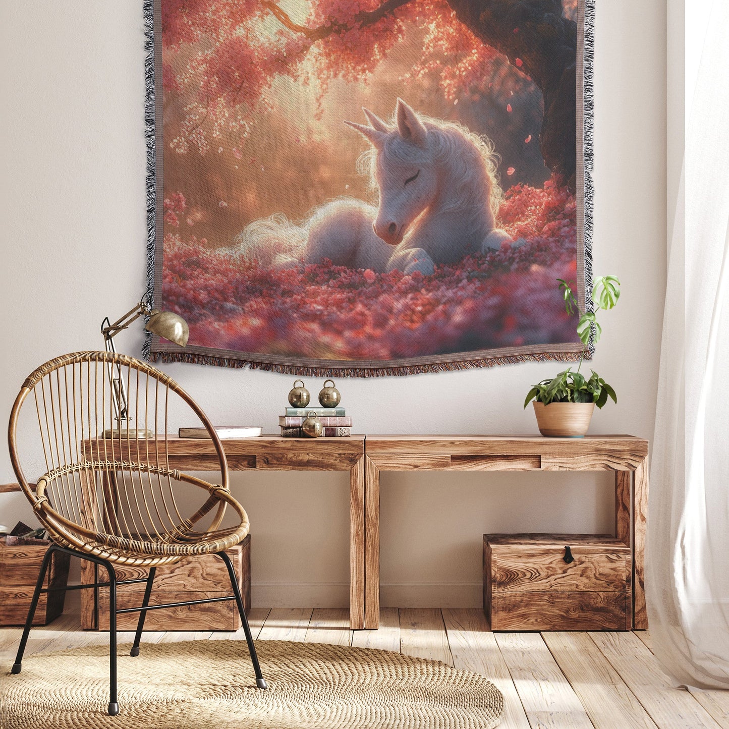 Baby Unicorn Resting Under Glowing Cherry Blossom Tree with Soft Pink Petals and Golden Sunlight Woven Throw Blanket - Awakening Righteousness