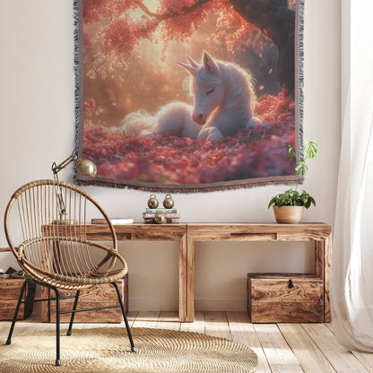 Baby Unicorn Resting Under Glowing Cherry Blossom Tree with Soft Pink Petals and Golden Sunlight Woven Throw Blanket - Awakening Righteousness