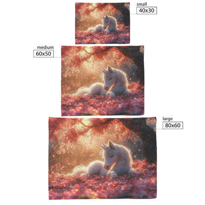 Baby Unicorn Under Glowing Cherry Blossom Tree with Pink Petals and Golden Sunlight Fleece Sherpa Blanket - Awakening Righteousness
