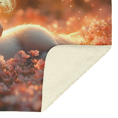 Baby Unicorn Under Glowing Cherry Blossom Tree with Pink Petals and Golden Sunlight Fleece Sherpa Blanket - Awakening Righteousness