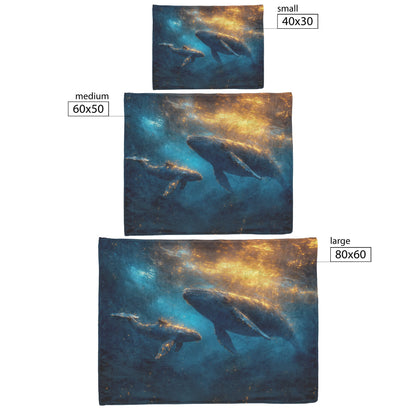 Baby Whale Swimming with Mother in Glowing Blue Ocean Magical Light Trails Golden Reflections Fleece Sherpa Blanket - Awakening Righteousness