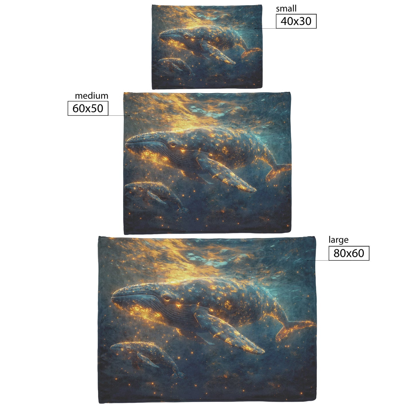 Baby Whale Swimming with Mother in Glowing Blue Ocean Magical Light Trails Golden Reflections Fleece Sherpa Blanket - Awakening Righteousness