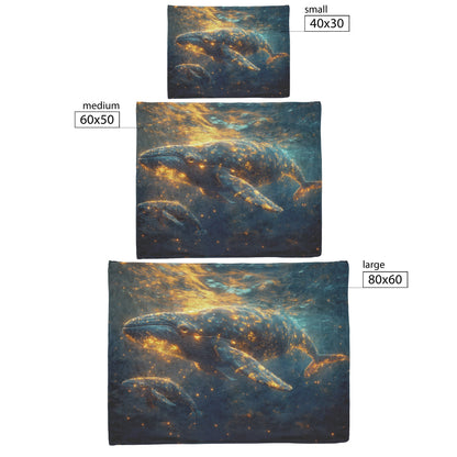 Baby Whale Swimming with Mother in Glowing Blue Ocean Magical Light Trails Golden Reflections Fleece Sherpa Blanket - Awakening Righteousness