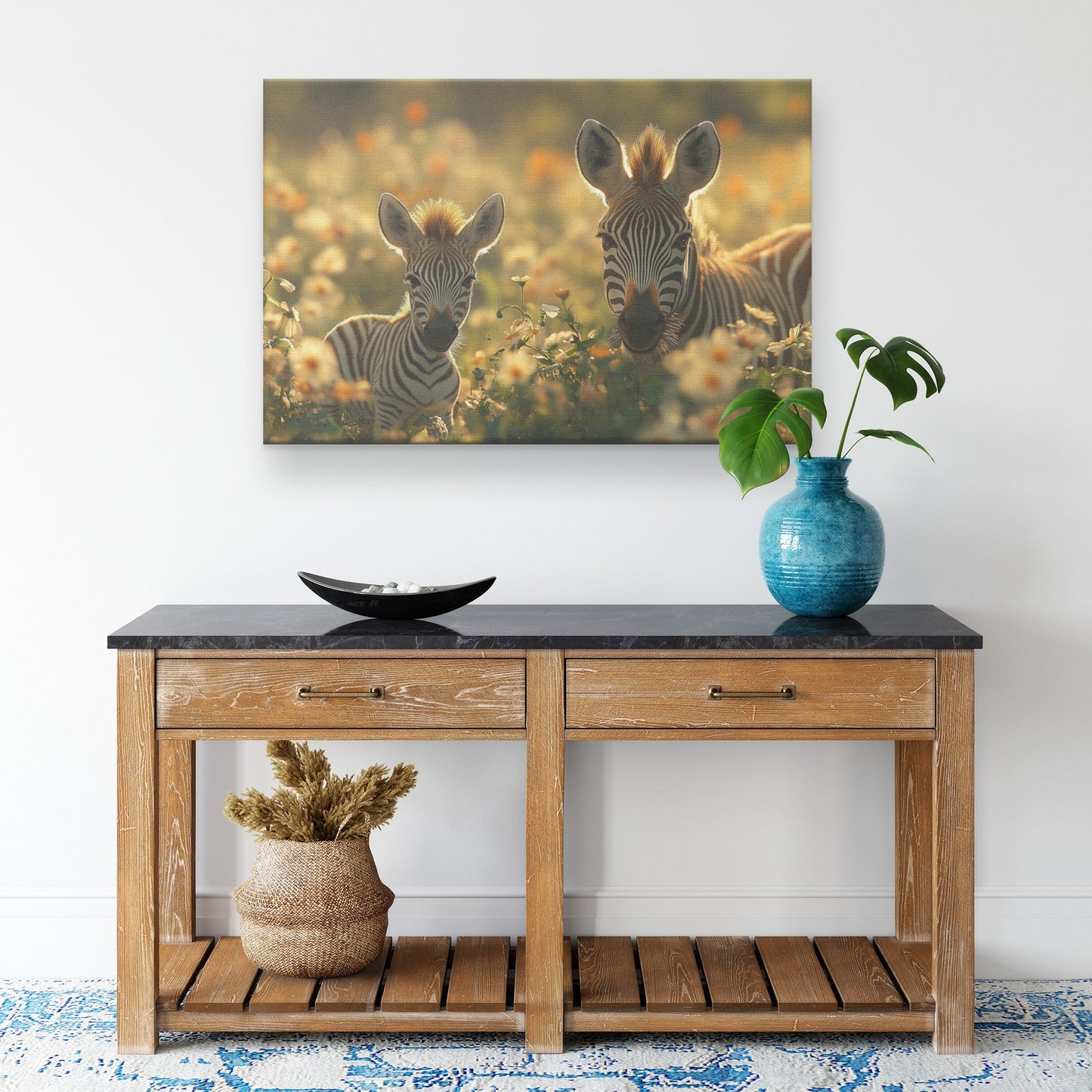 Baby Zebra Standing Close to Mother in Lush Green Field Surrounded by Blooming Flowers and Soft Sunlight Canvas Wall Art Decor - Awakening Righteousness